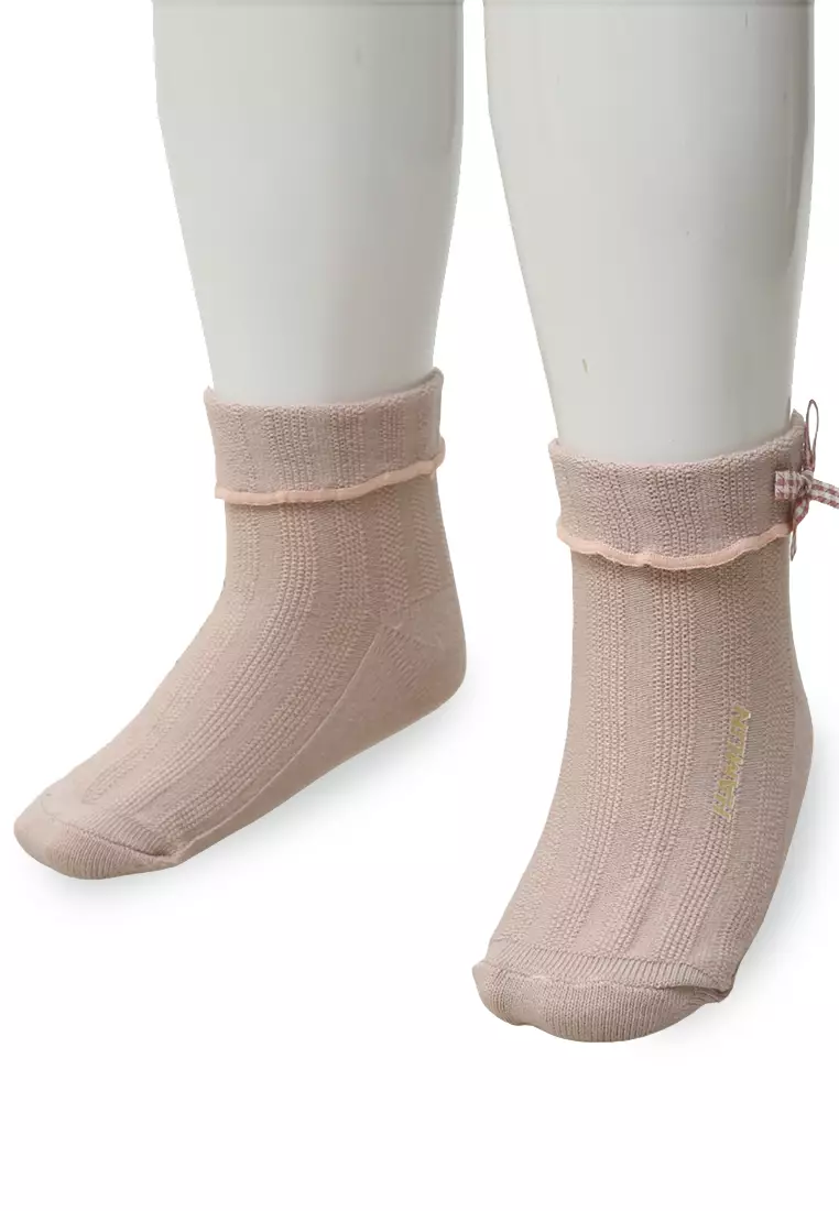 Candie Kaos Kaki Pendek Anak Perempuan Desain Plaid Pita Kids Socks Material Cotton ORIGINAL - Pink