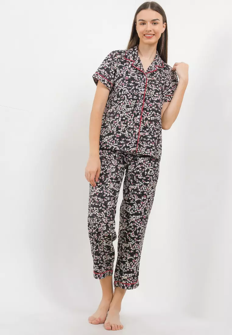 Piyama Pijama Baju Tidur Satin Silk Short Sleeve Long Pants Sleepwear