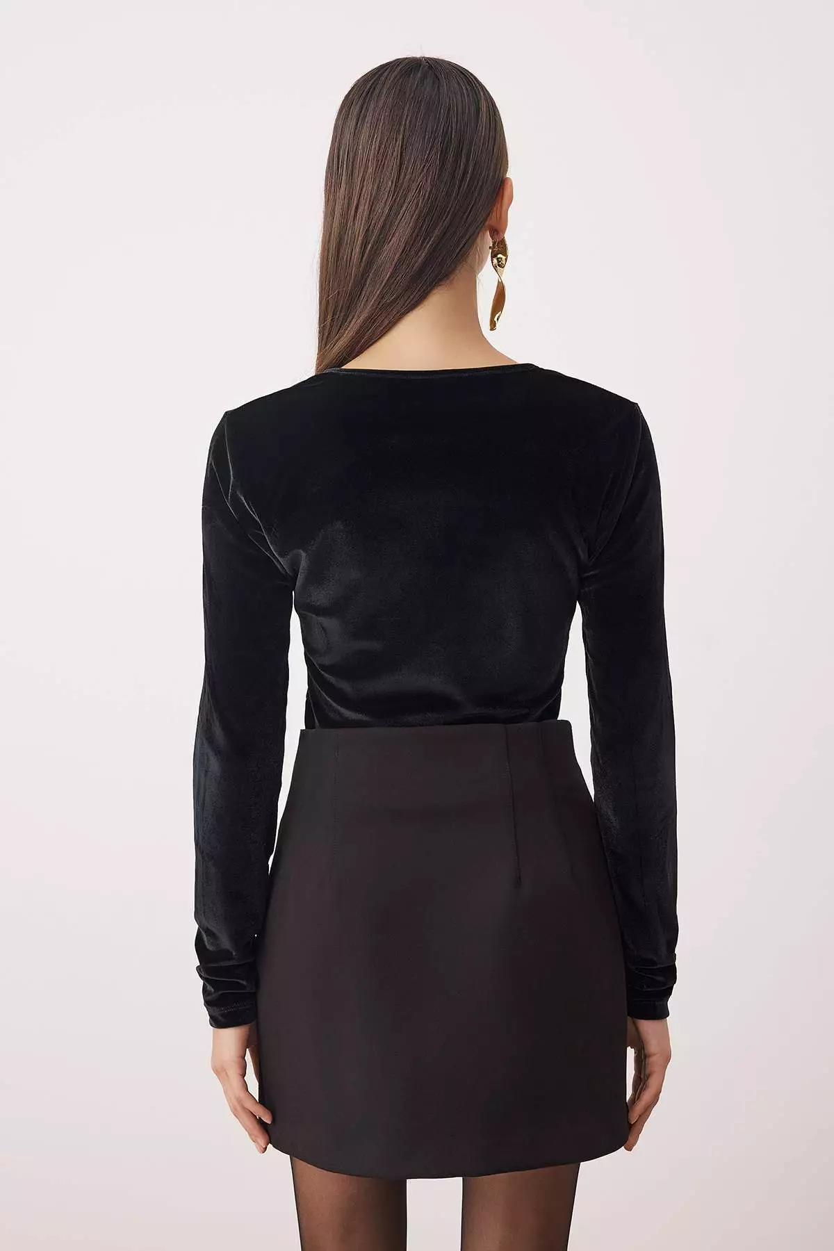 Black Deep V-Neck Knitted Velvet Bodysuit