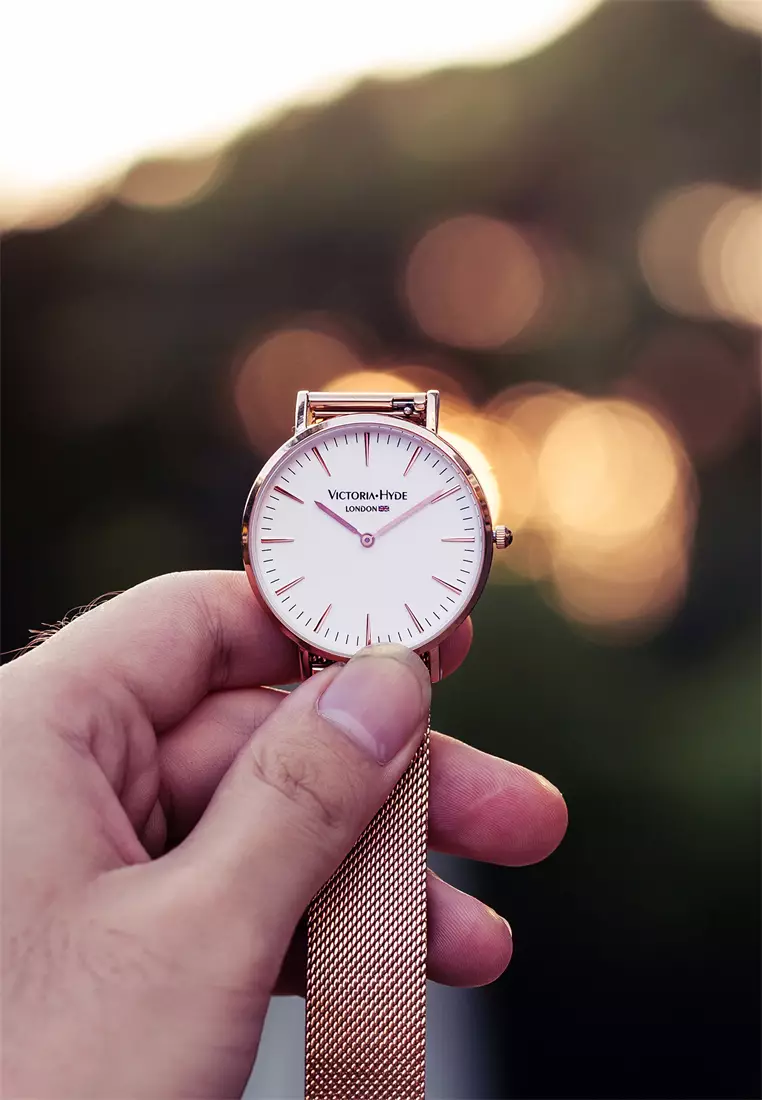 中性休闲表 男女通用 現代風格 38mm白色圓形表盤不鏽鋼網狀表帶-玫瑰金