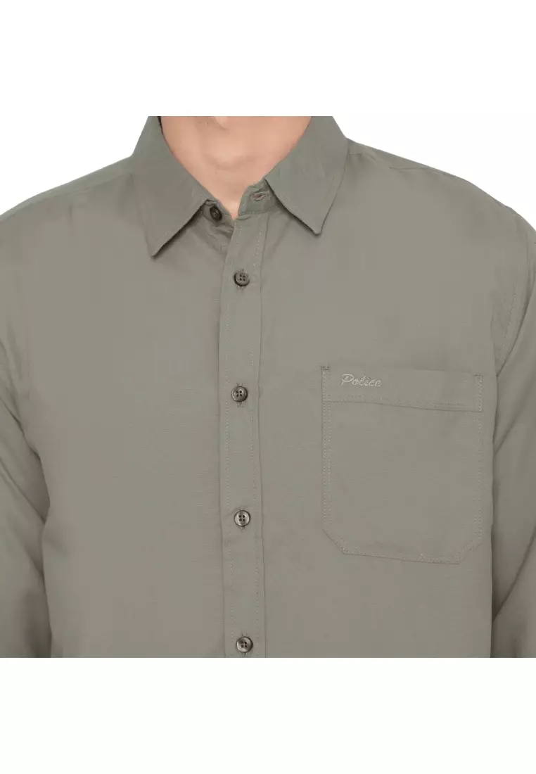 POLICE Kemeja Polos Basic Cotton Soft Grey Regular Fit Lengan Panjang Pria