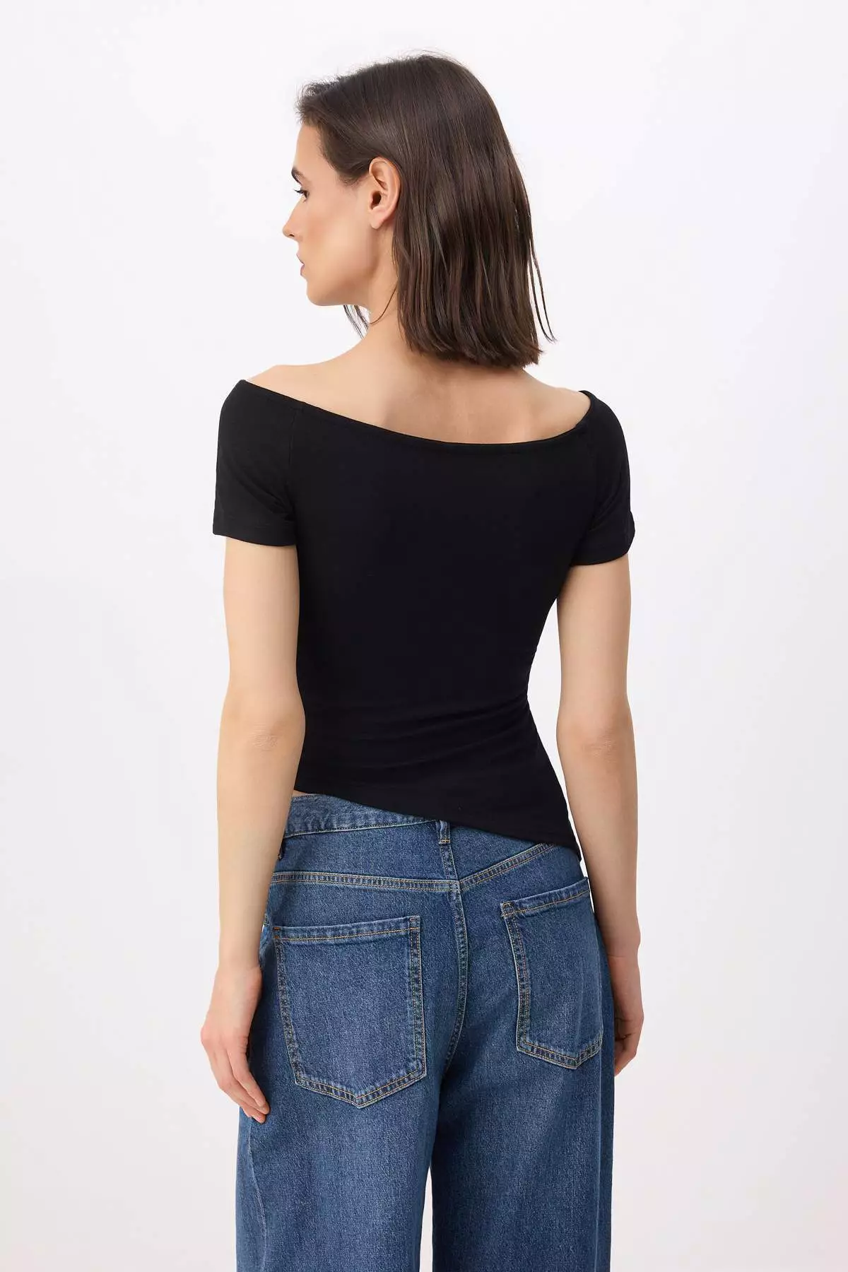 Black Fitted/Cut-To-Fit Carmen Collar Short Sleeve Soft Knitted Blouse Twoss26Bz73