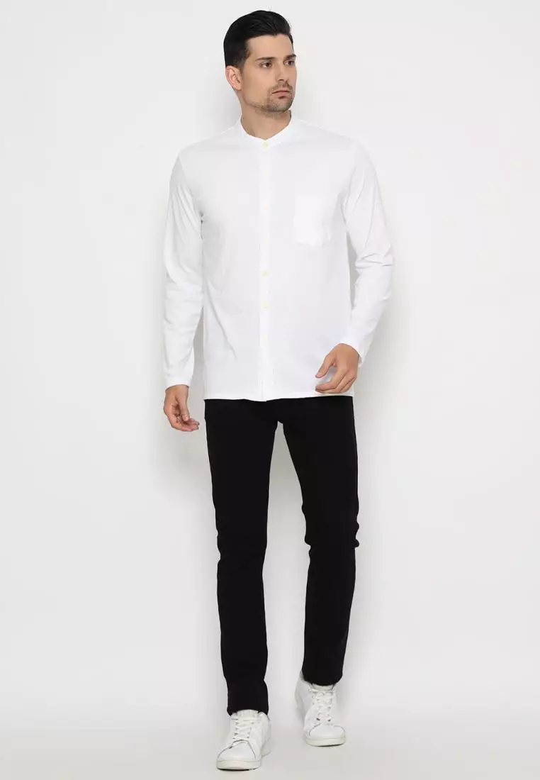 MATSUDA Kemeja Pria Polos Kerah Shanghai Lengan Panjang Katun Koshigaya