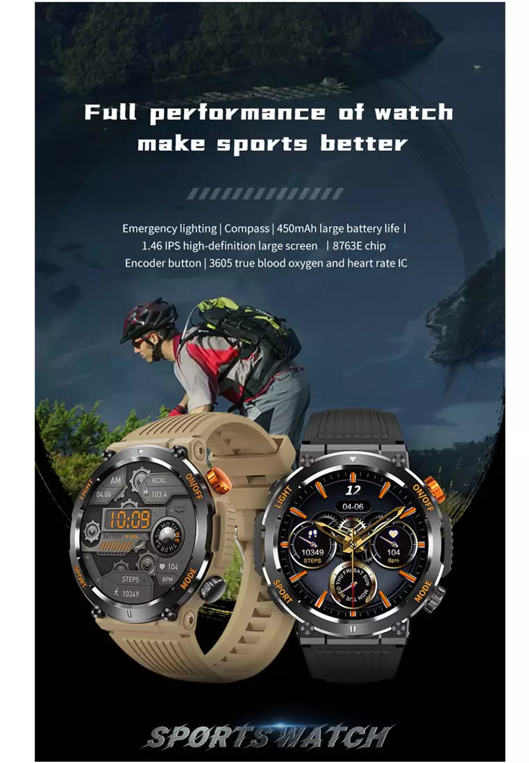 SmartWatch HT17 Anti Air Layar Terang 1.46'' Olahraga Monitor Detak Jantung Music Lampu LED Jam Tangan Pria Khaki