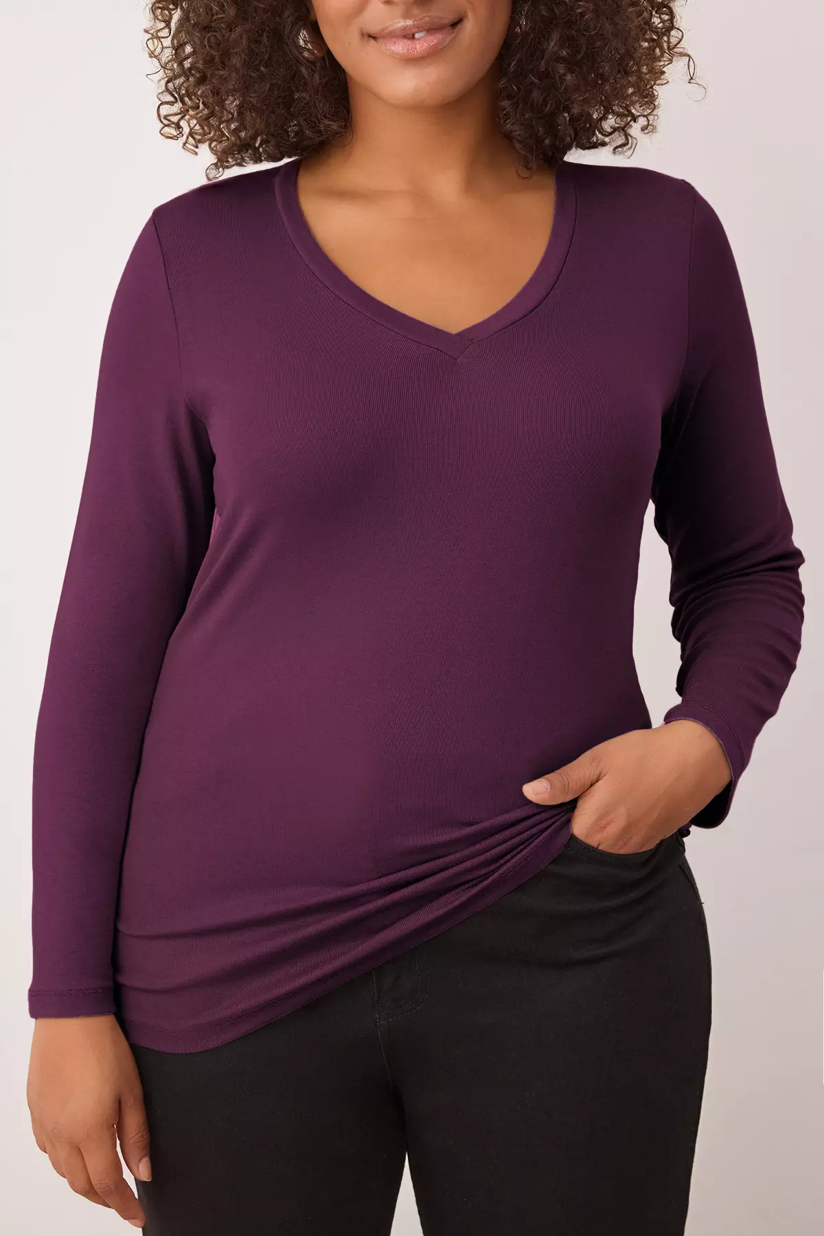 Burgundy Premium Soft Fabric V-Neck Fitted/Flattering Stretchy Knitted Plus Size Blouse Tbbaw26Af00025