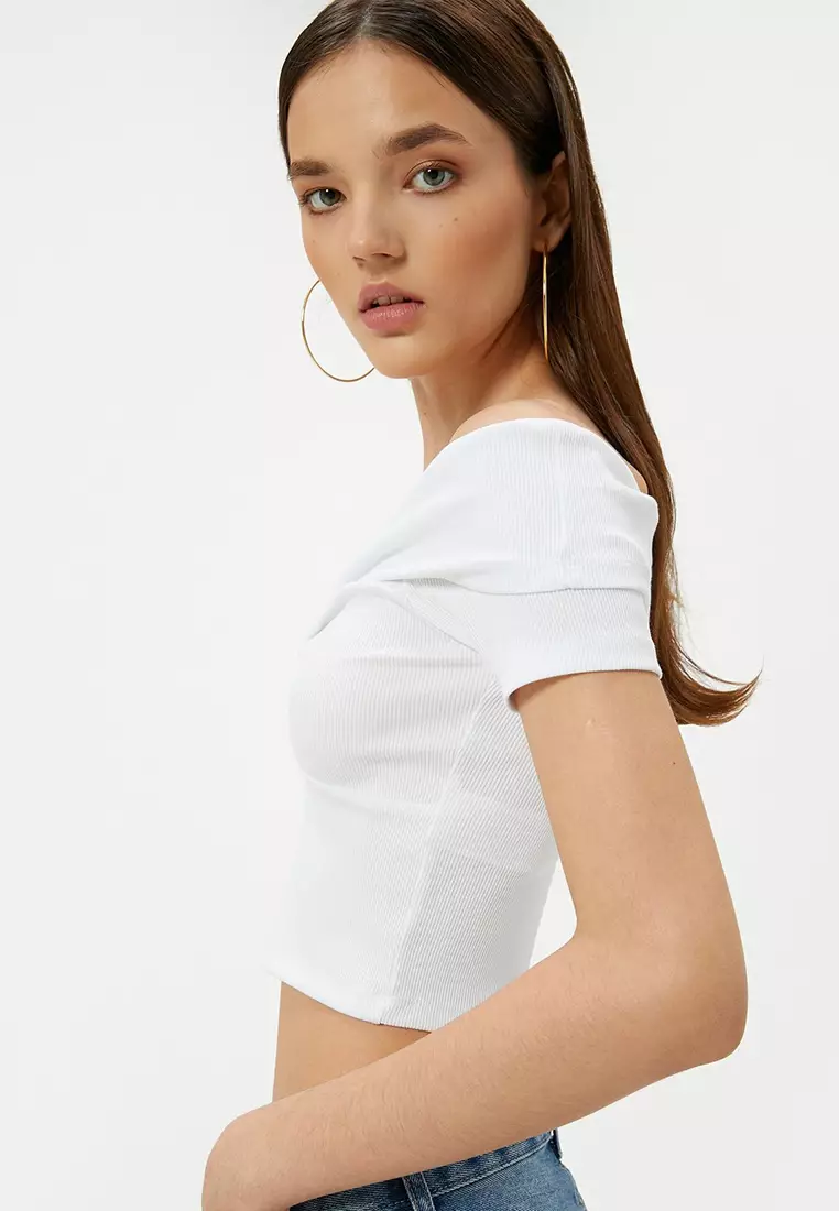 Crop Off The Shoulder Madonna Collar T-Shirt Ribbed Short Sleeve Knot Detail