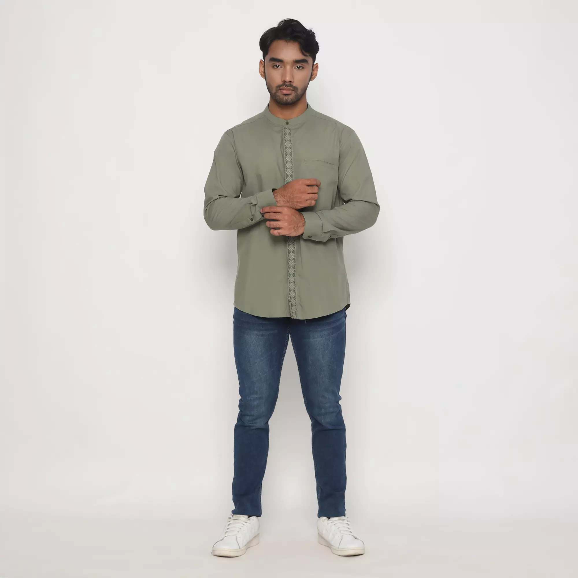 Platini Kemeja Pria Koko Shanghai Lengan Panjang Katun Hijau Army 06109