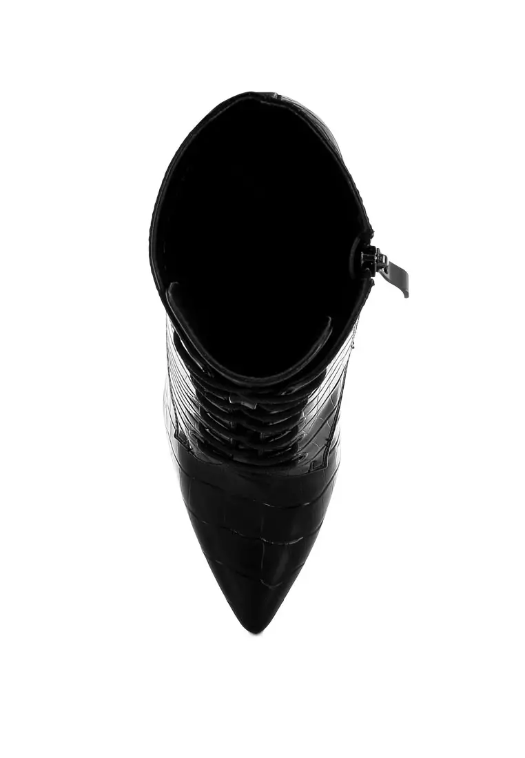 Sepatu Boot Stiletto Bertali Croc dalam Warna Hitam