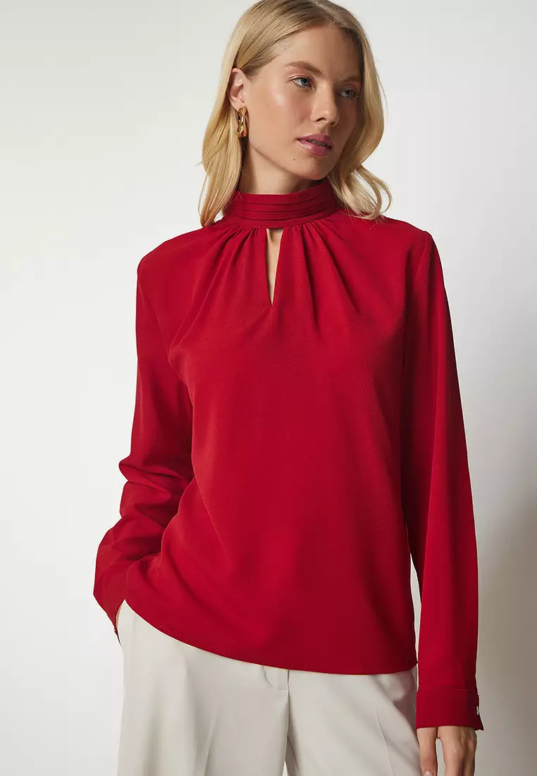 Red high neck blouse clearance