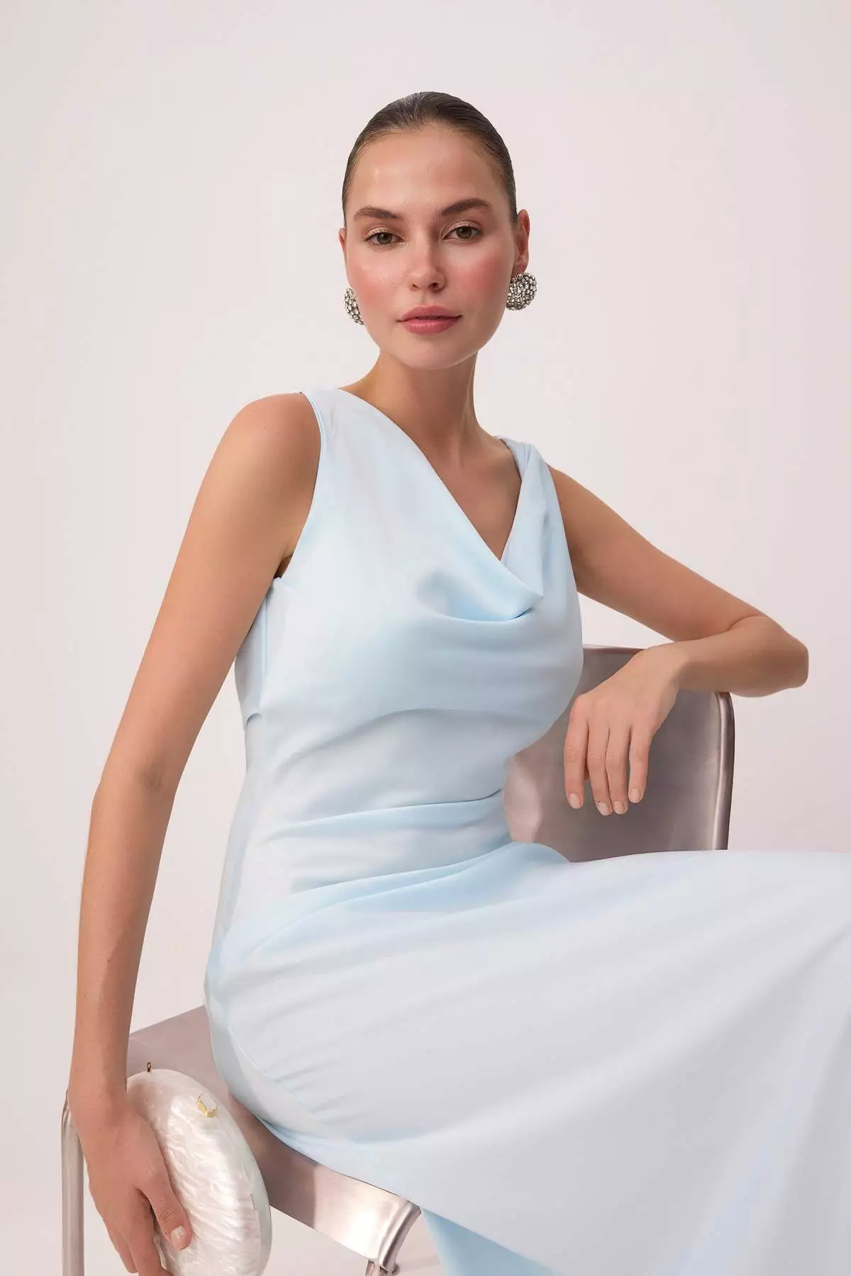 Light Blue Plain Weave Satin Maxi Unlined Stylish/Evening Dress