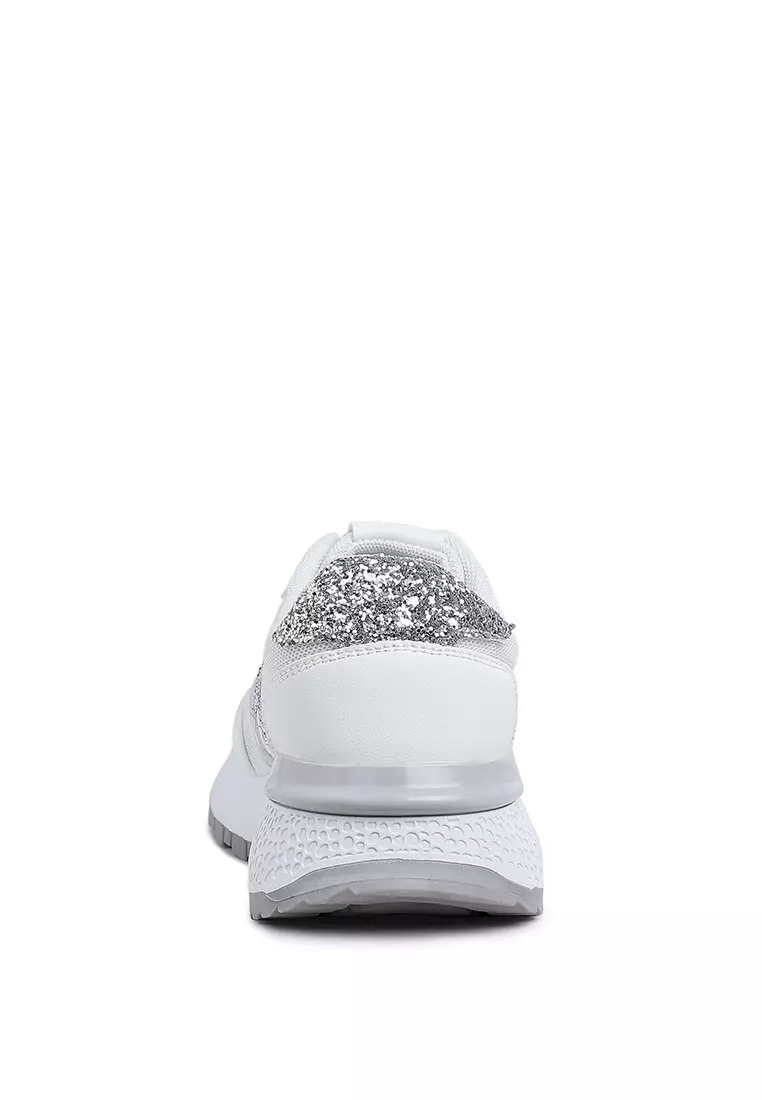 Glitter Detail Chunky Sneakers in White & Silver