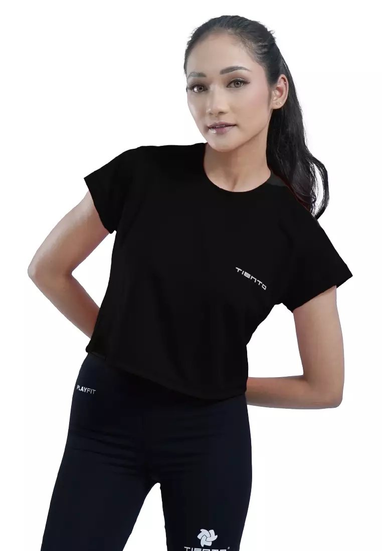 Tiento Baju Olahraga Wanita Crop Top Shirt Kaos Lengan Pendek Running Gym Lari Yoga Pound Fit