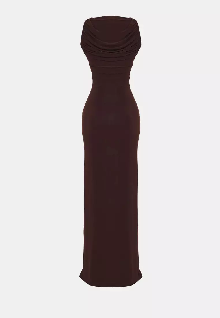 Brown Gathered Neckline Detail Knitted Long Stylish Evening Dress