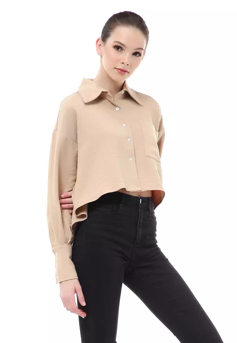 Brielle Atasan Wanita Kemeja Casual Lengan Panjang Oversize Shirt Material Polyester Cationic - Cream