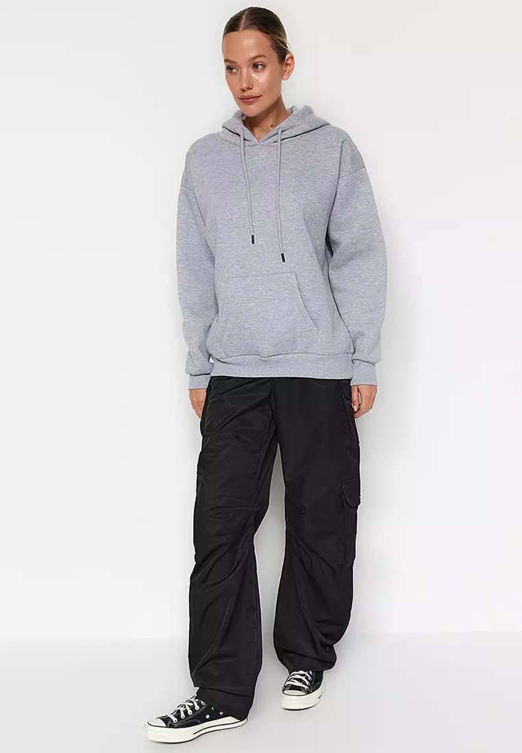 Gray Melange Thick Fleece Inside Oversize/Wide Fit Hoodie Basic Knitted Sweatshirt TWOAW24SW00103.