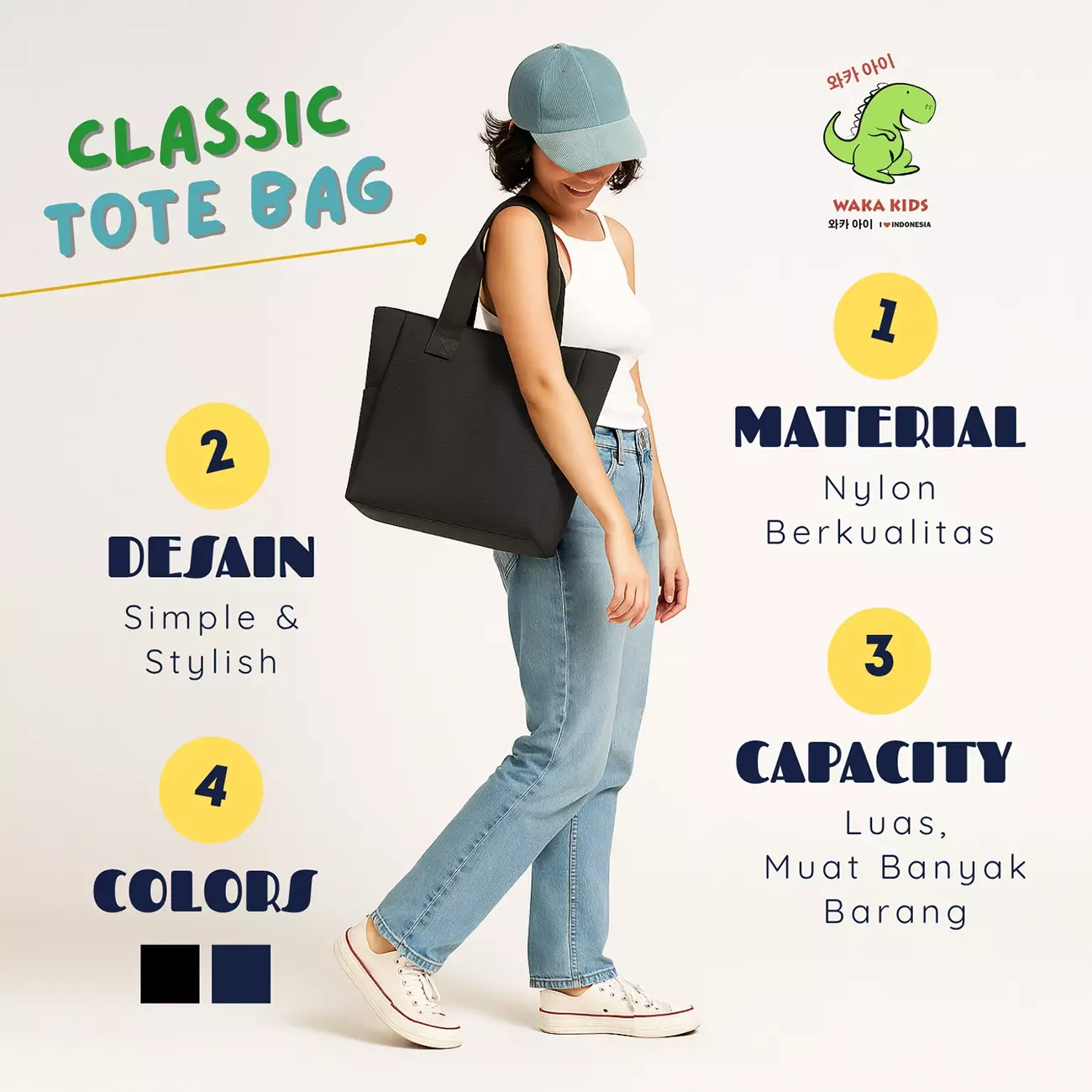 Wakakids Tas Bahu Totebag Polos Premium Nylon Tas Jinjing Wanita dan Pria Model Slim K329 Venjr Navy
