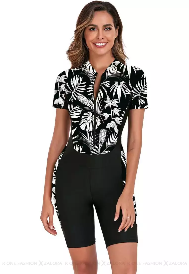 Surf Print Short Sleeve One Piece Swimsuit