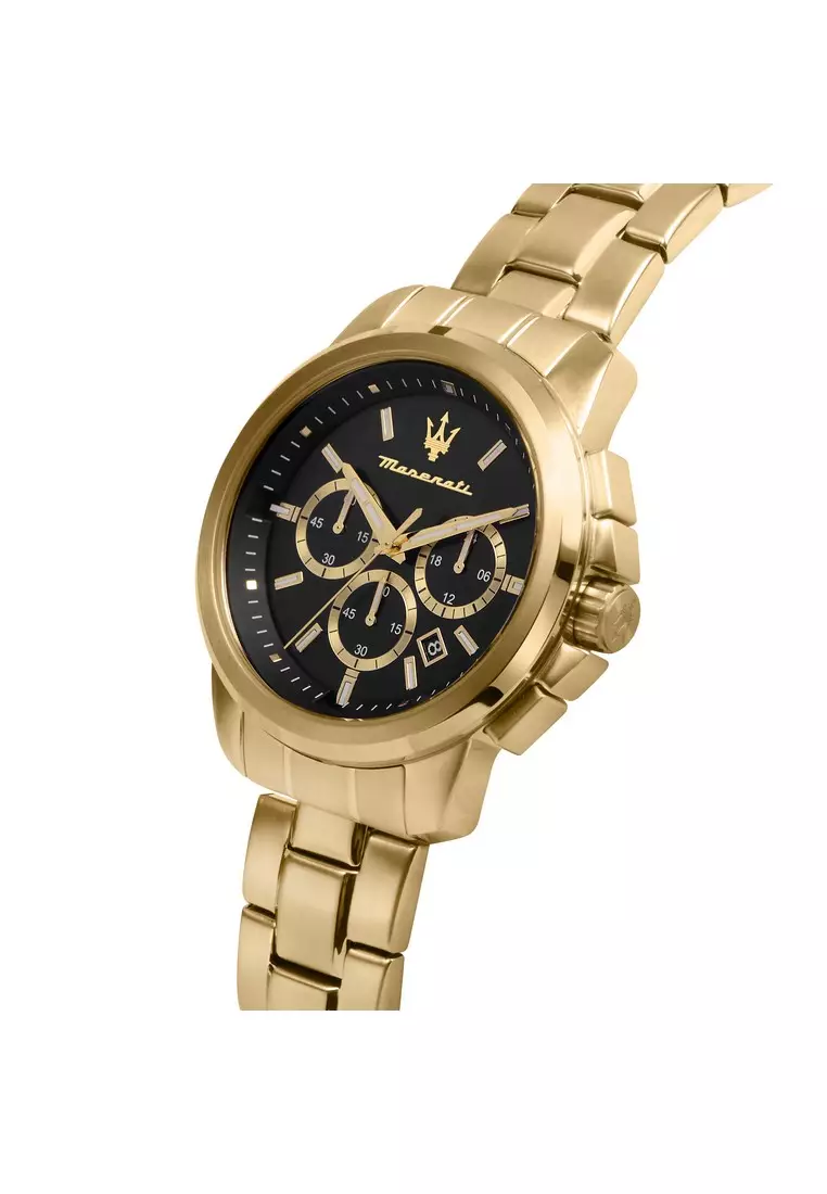 【2 Years Warranty】Maserati Successo -  44mm Black Dial Gold Stainless Steel Strap Men's Chronograph Quartz Watch R8873621013 With Luminous Dial Hands