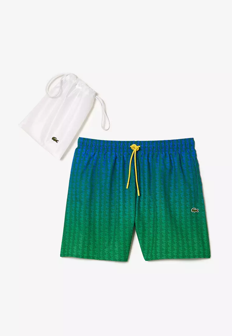 Lacoste Monogram Print Swim Trunks in Blue for Men