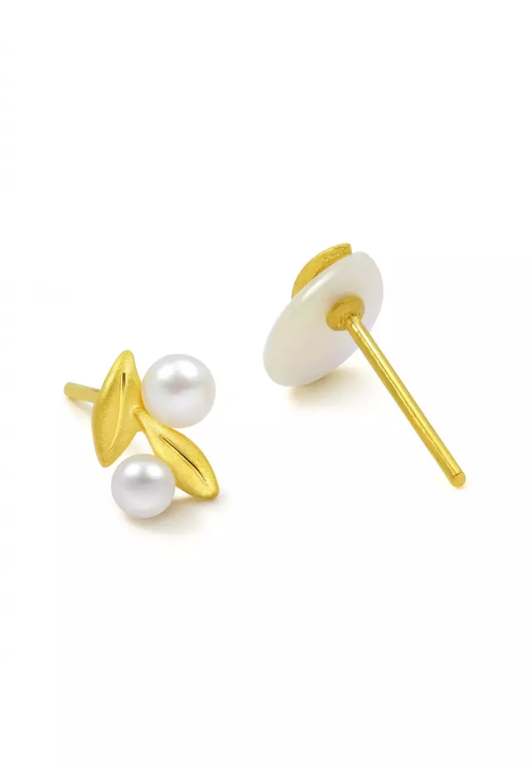 24K 999.9 Gold Willow & Pentals Pearl and Mother of Pearl Asymmetric Stud Earrings for Women 89676E
