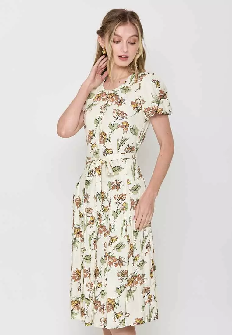 Lira Floral Print Pleated Short-Sleeve Dress