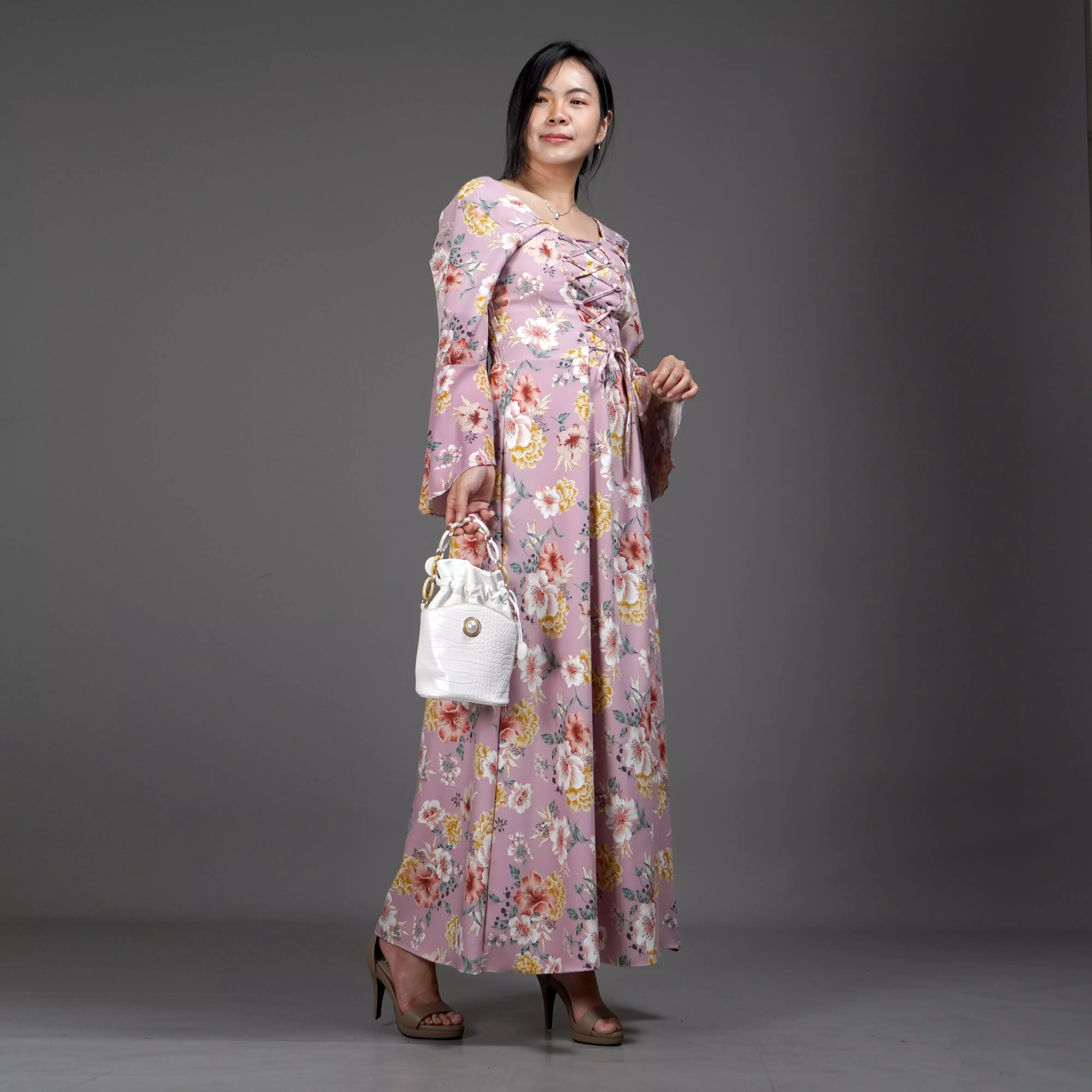 CLOVERIA Long Dress Motif Bunga Gaya Korea Dress Wanita Korean Style - Pink