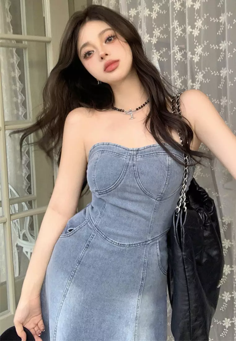 2025 S/S Sexy Slim High Waist Slim Retro Blue Tube Top Denim A-Line Long Dress CA23032137