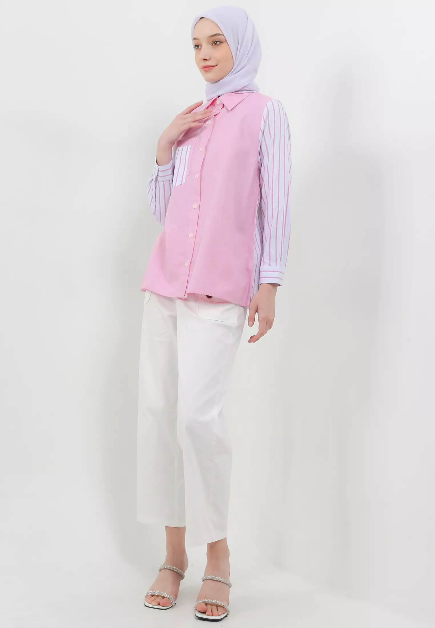 MFMW Viny Atasan Kemeja Pink Motif Salur