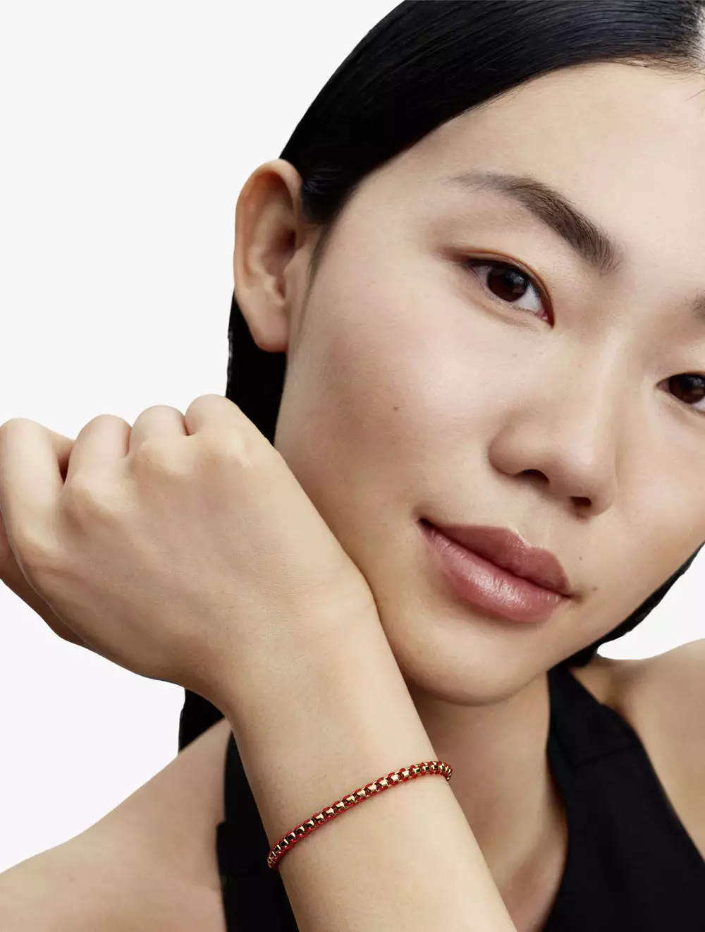 Braided 14K Gold-Plated Box Chain Bracelet With Red Textile Cord - 17