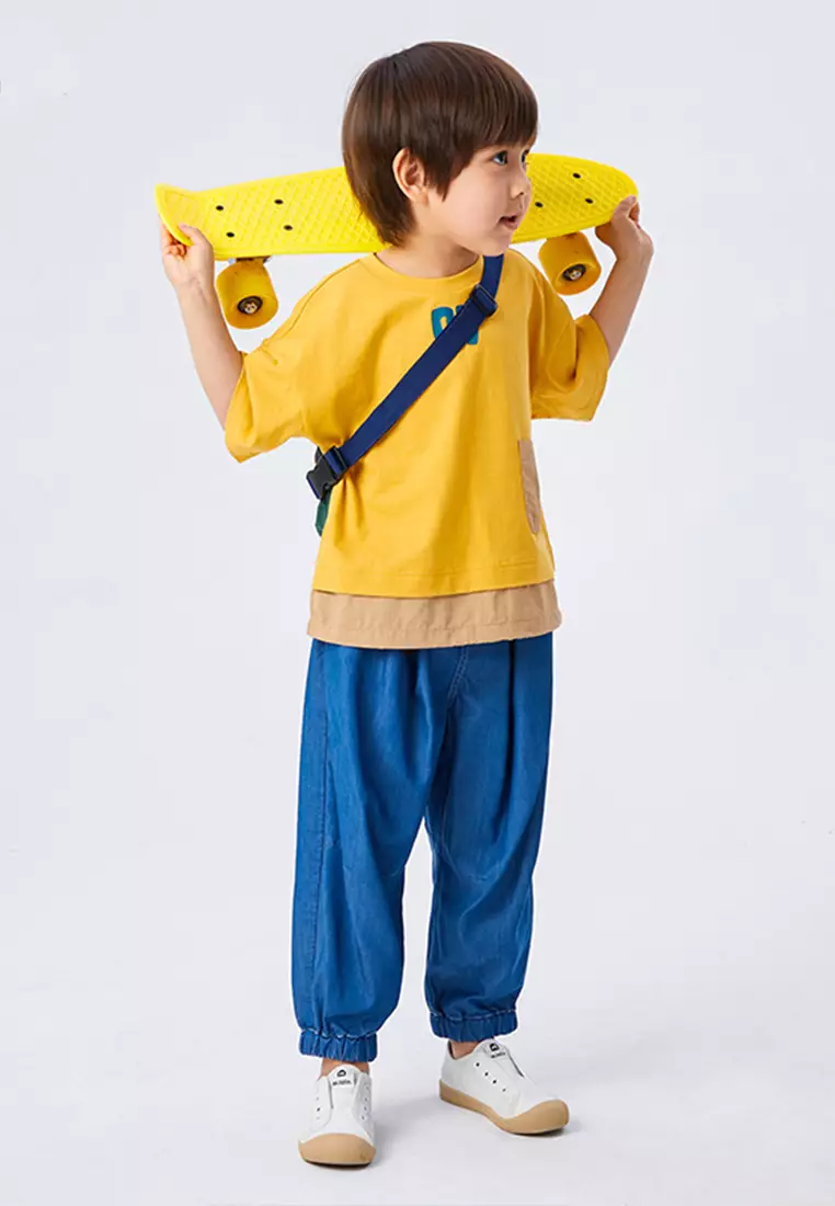 男女童短袖中大童主题印花撞色拼接T恤