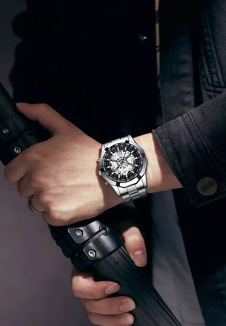 Jam Tangan Pria Original Calendar Luxury Bisnis Tali Stainless Steel Jam Tangan Cowok 9096 silverblack