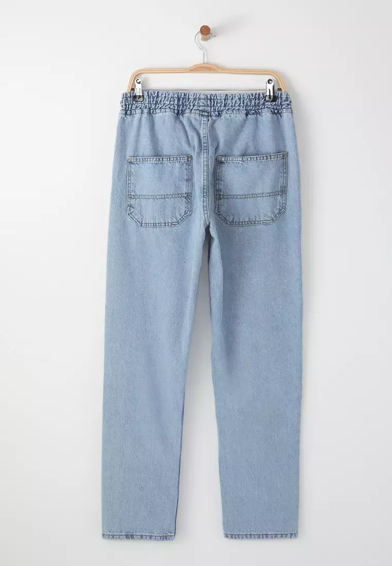 Blue Regular Fit Elastic Waist Wide Cut Loose Jeans TMNAW24JE00025