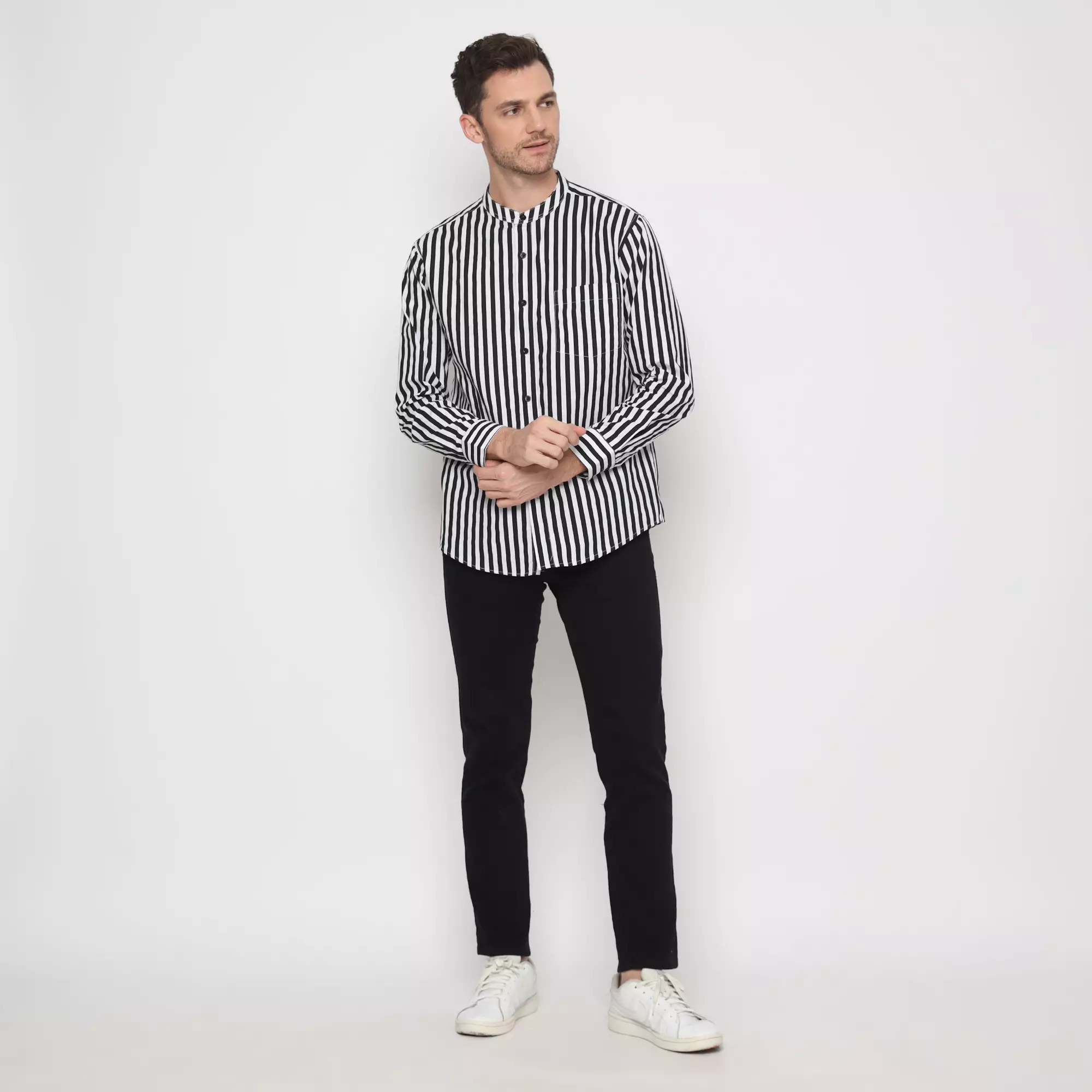 Platini Kemeja Koko Pria Lengan Panjang Katun Hitam Putih 961257