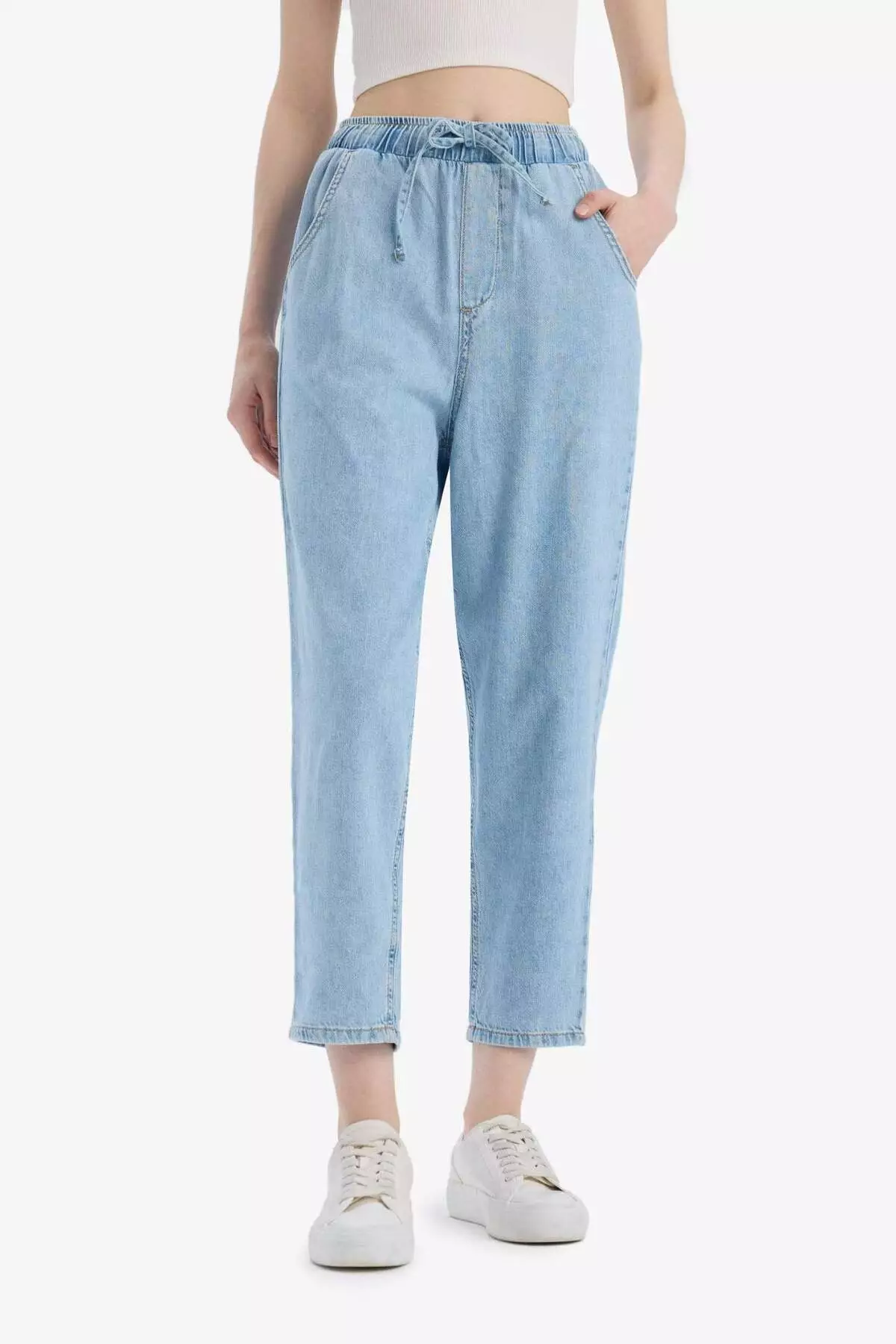Pull on Paperbag High Waist Jeans, Straight Leg and Soft Long Jeans Pants E0733Ax25Sm