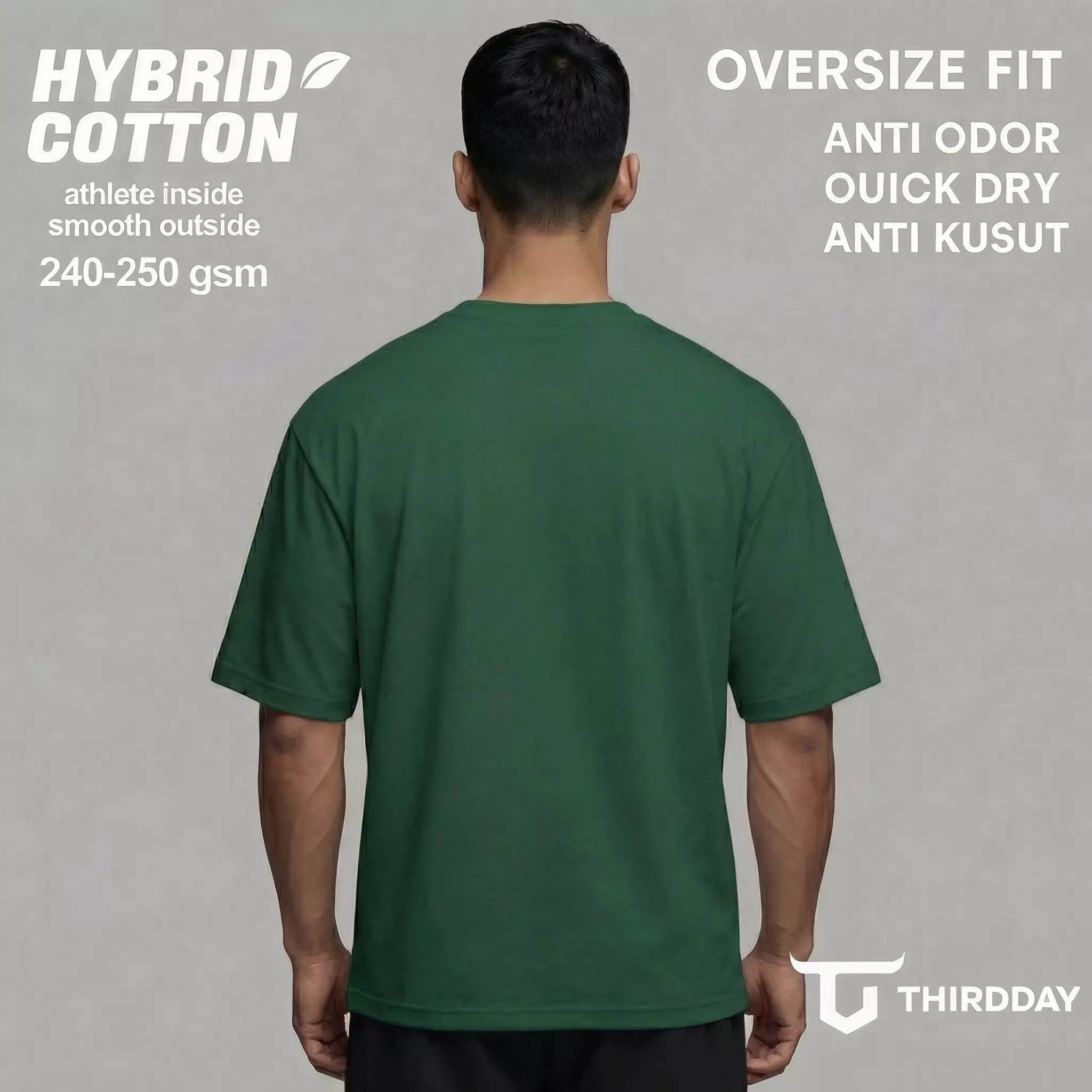 THIRDDAY Kaos Oversize Gym Hybrid Cotton Pria Premium | Kaos Gym & Casual Adem Anti Bau, 240 gsm Tebal, Clean Look Activewear Eksklusif | Hustle Hijau Botol MTZ77