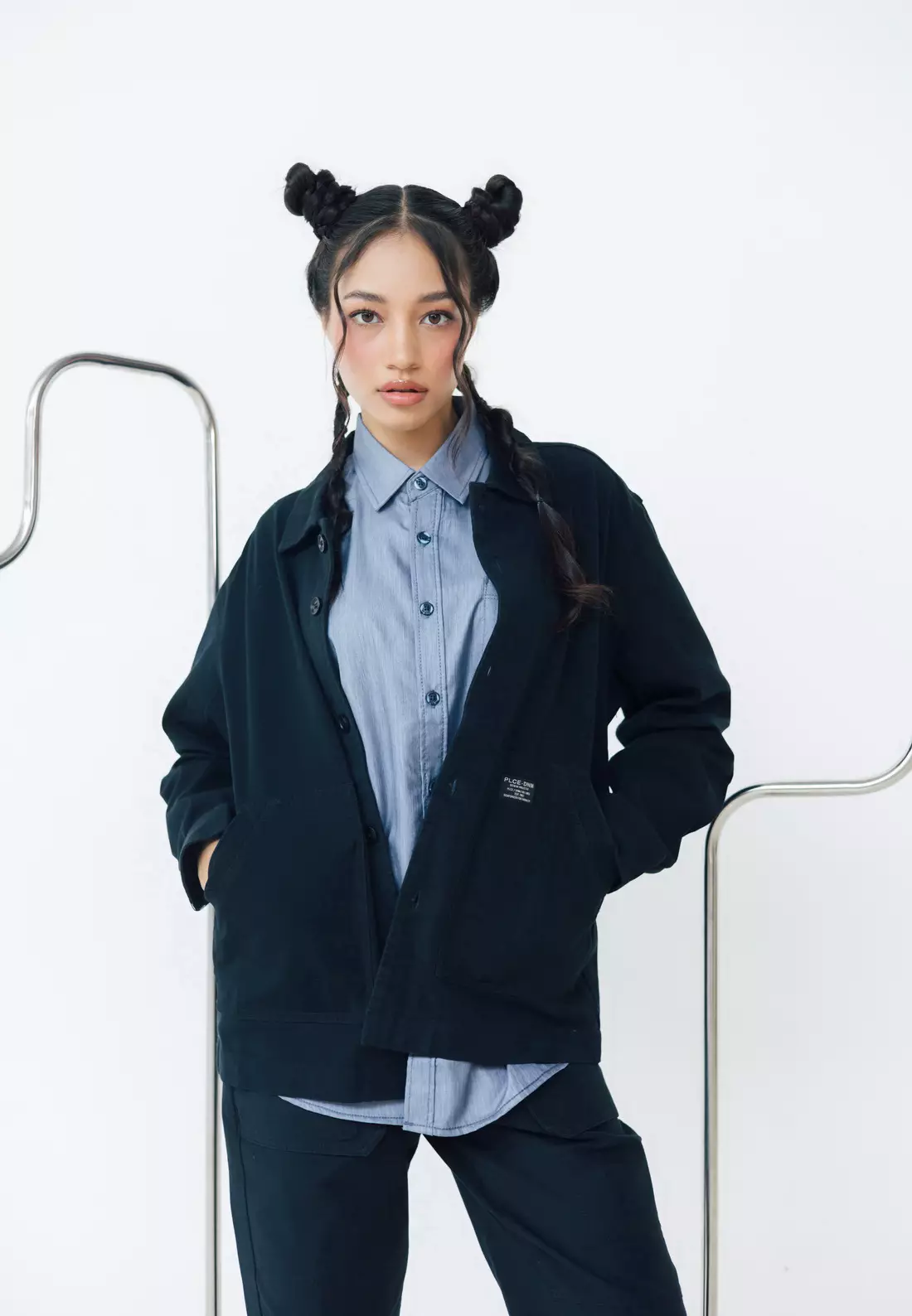 POLICE Kemeja Polos Semi Jaket Blue Black Regular Fit Lengan Panjang Pria