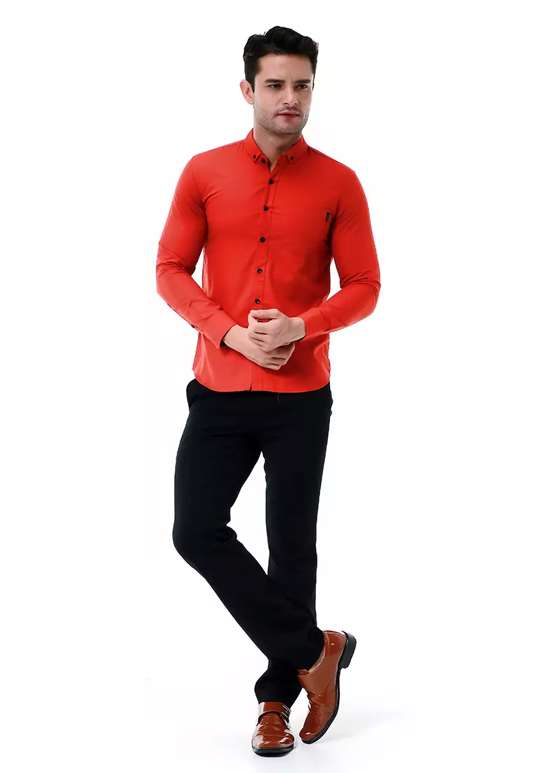 Leopold Kemeja Basic Pria Motif Polos Long Sleeve Material Cotton ORIGINAL - Orange