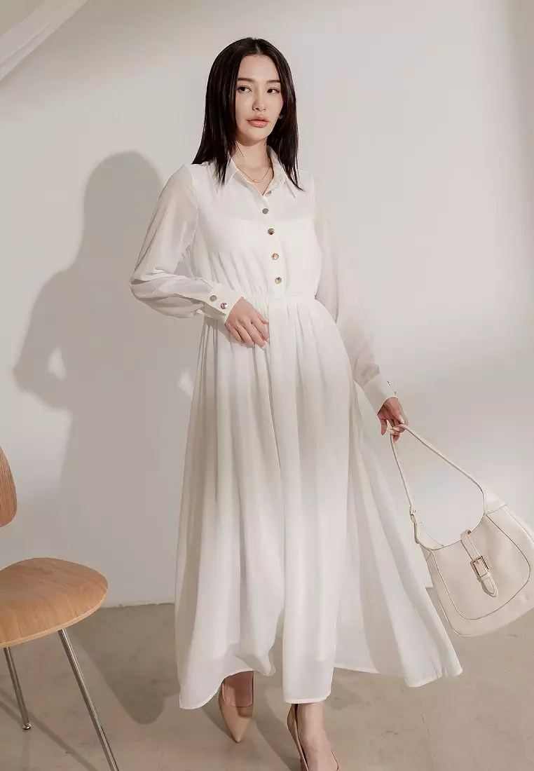 Buy OBSTYLE Chiffon Button-Down Shirt Collar Long Dress [DA8044