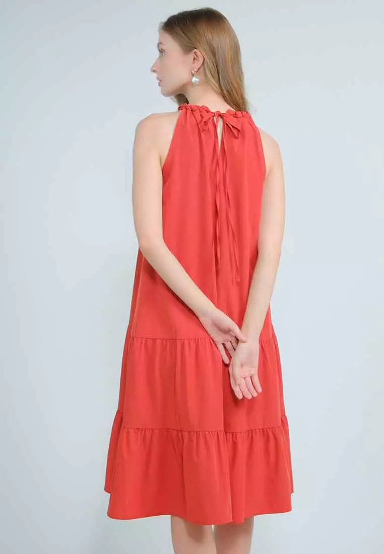 Orlisse Shift Flounce Hem Dress with Braided Neckline