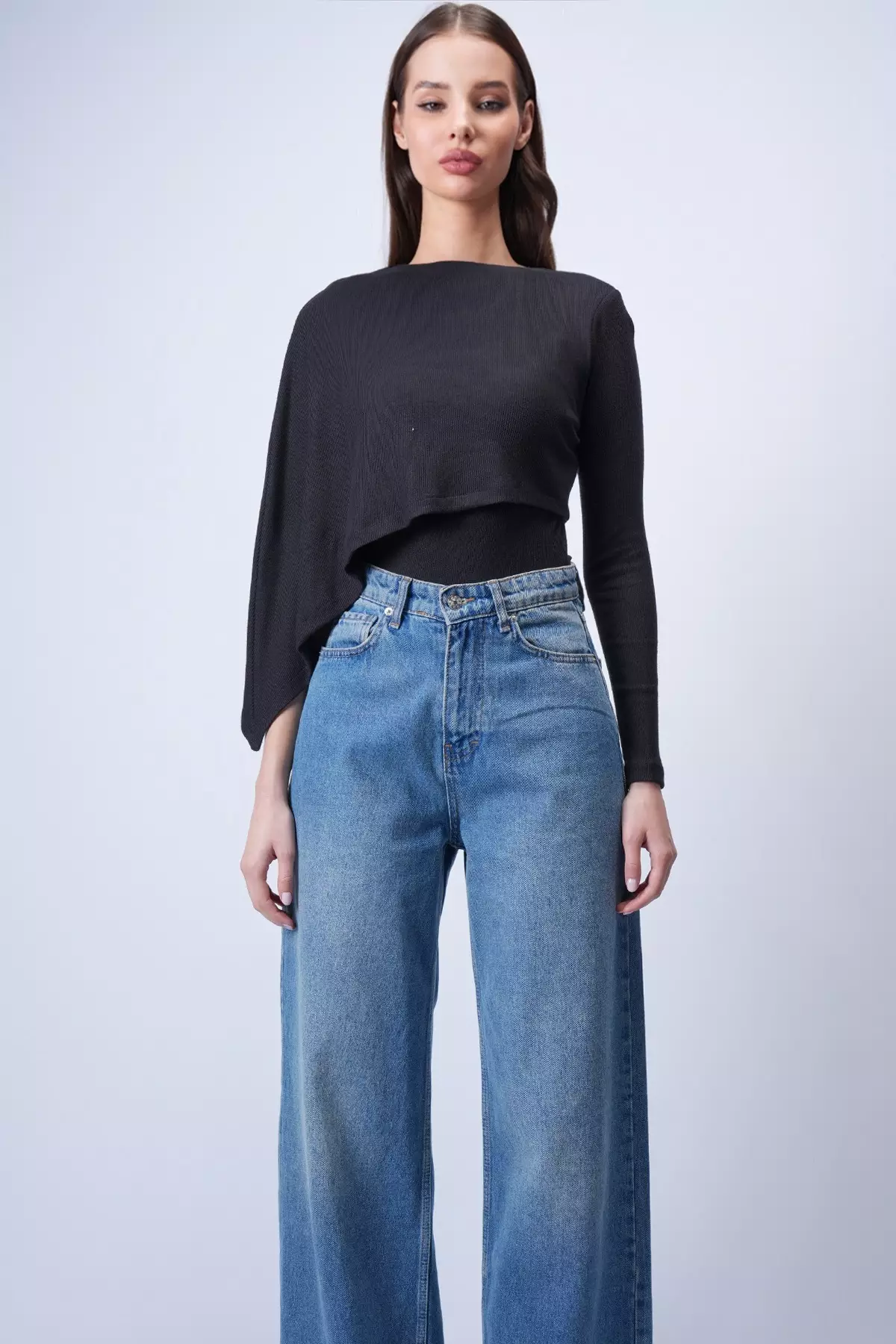 Women'S Black Single Sleeve Fixed Shawl Design Knitted Crop Blouse Alc-X15041