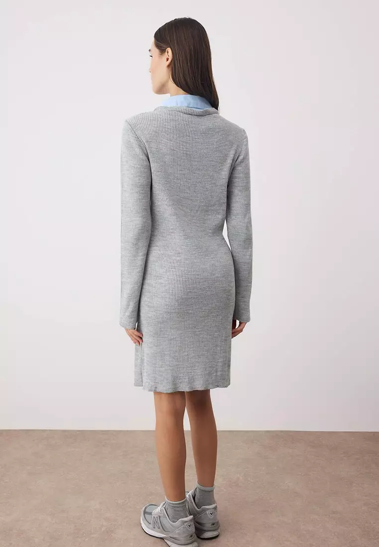 Gray Color Block Short/Mini Shirt Dress Fitted/Full Body Knit Dress