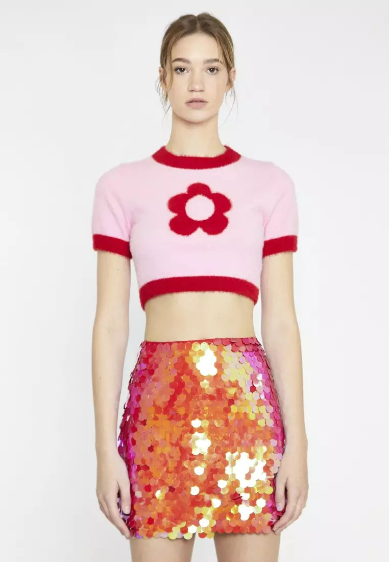 Glamorous Pink-Red Flower Intarsia Knit Crop-Top 2026 | Buy