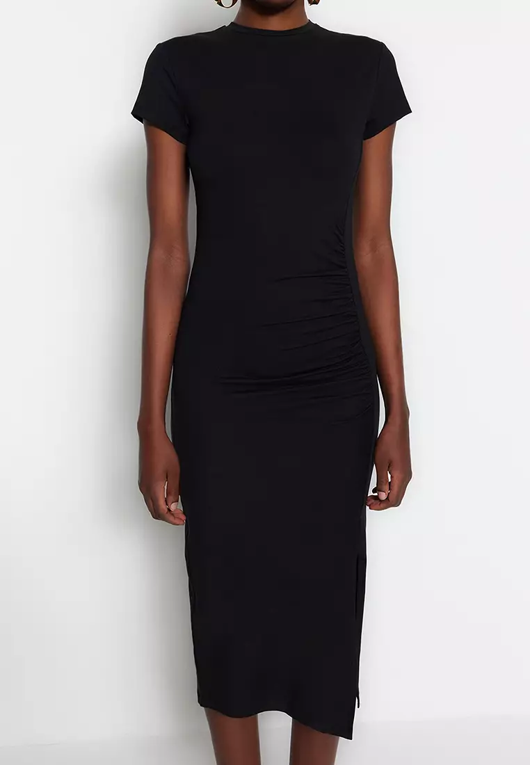 Buy Trendyol Knitted Dress with Smocks and Slit Detail Online | ZALORA ...