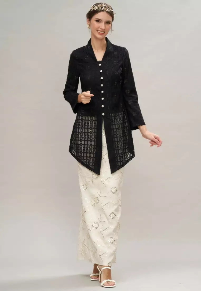 Black Checkered Lace Kebaya Top & Brokat Skirt