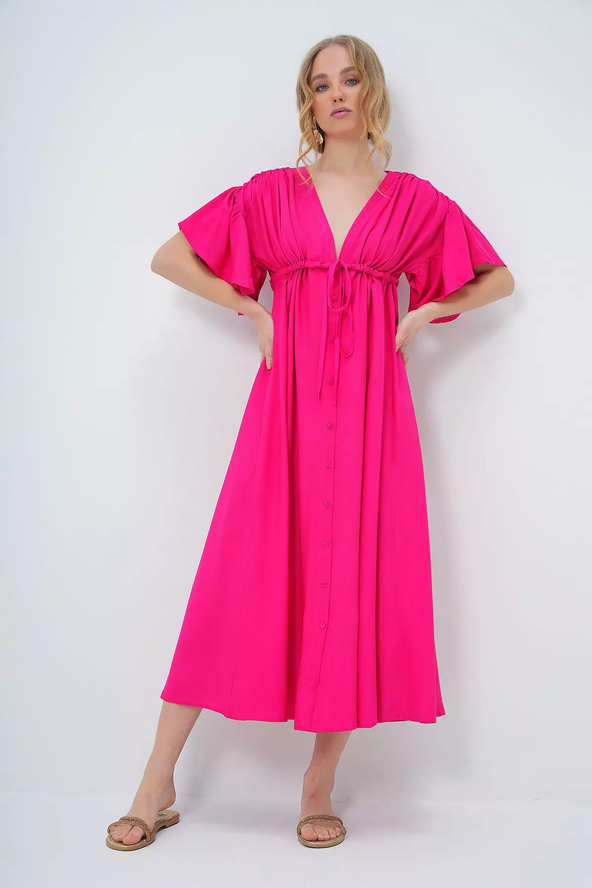 Women's Fuchsia V Neck Backless Tie Detail Front Buttoned Summer Poplin Dress