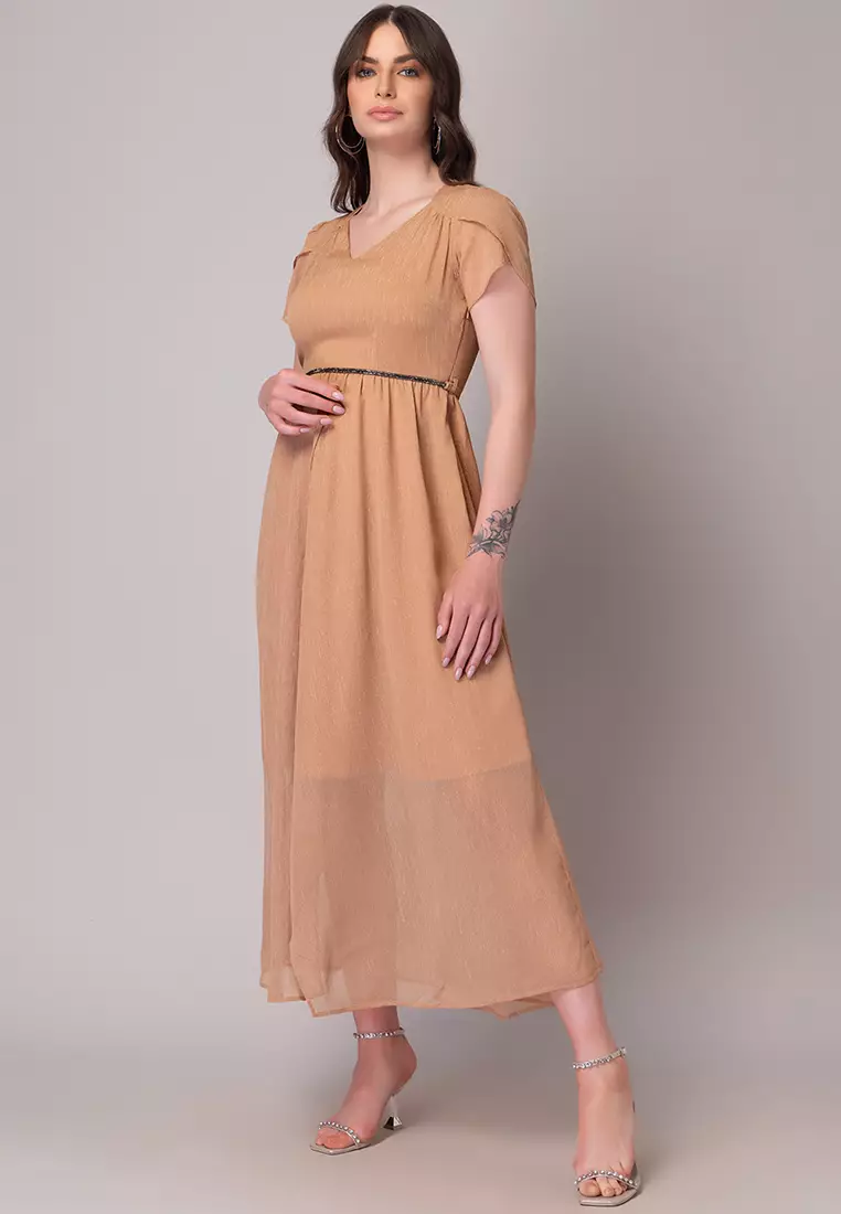 Peach V-Neck Maxi Dress With Embellished Belt