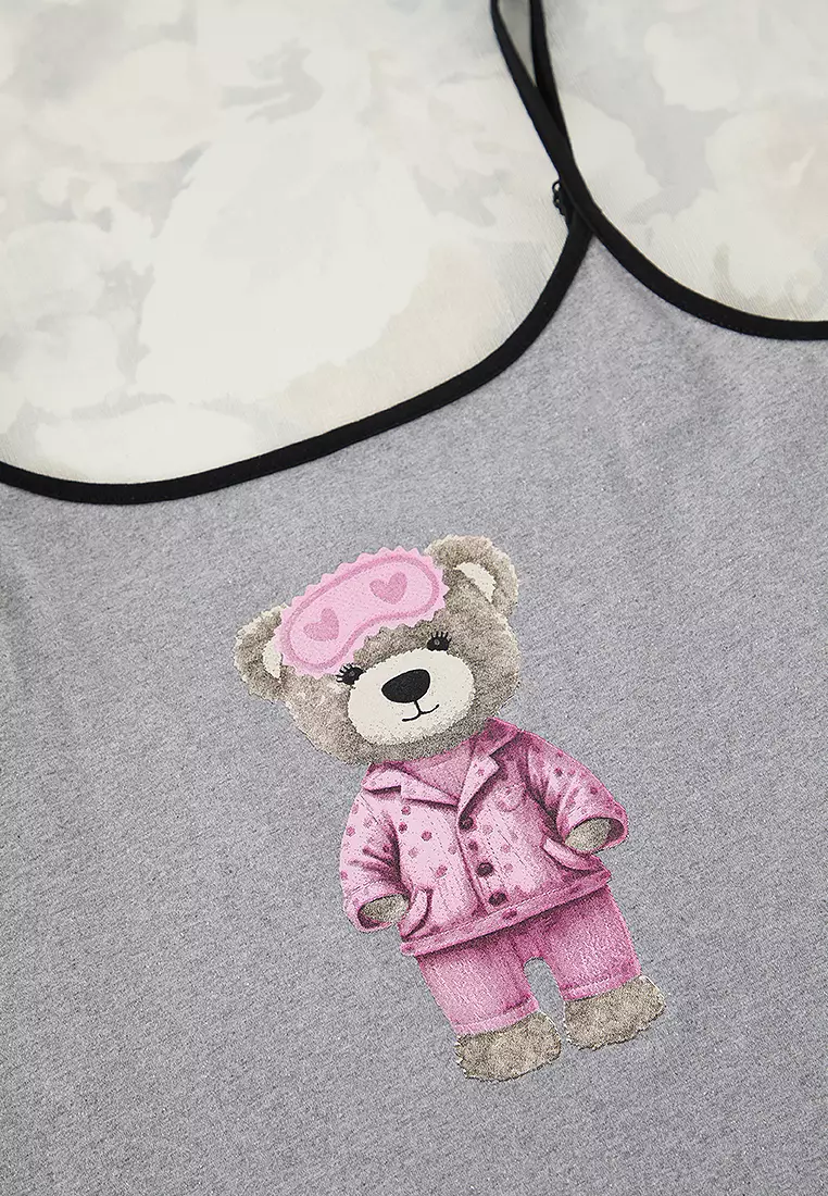 Teddy Bear Printed Thin Straps Nightgown
