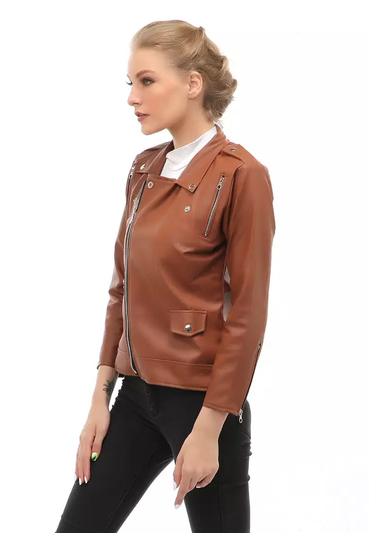 Glenice Jaket Kulit Casual Wanita Windproof Stylish Design Material Leather ORIGINAL - Brown