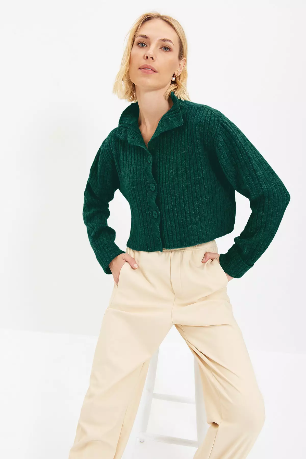 Emerald Green Crop Soft Textured Stand Collar Knitwear Cardigan