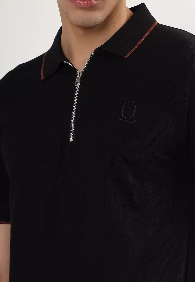 Mens Black with Brown Tipping Collar Cotton Polo Shirt/T-Shirt With Zip, Short Sleeve, Relaxed Fit, Smart Casual, Loungewear
